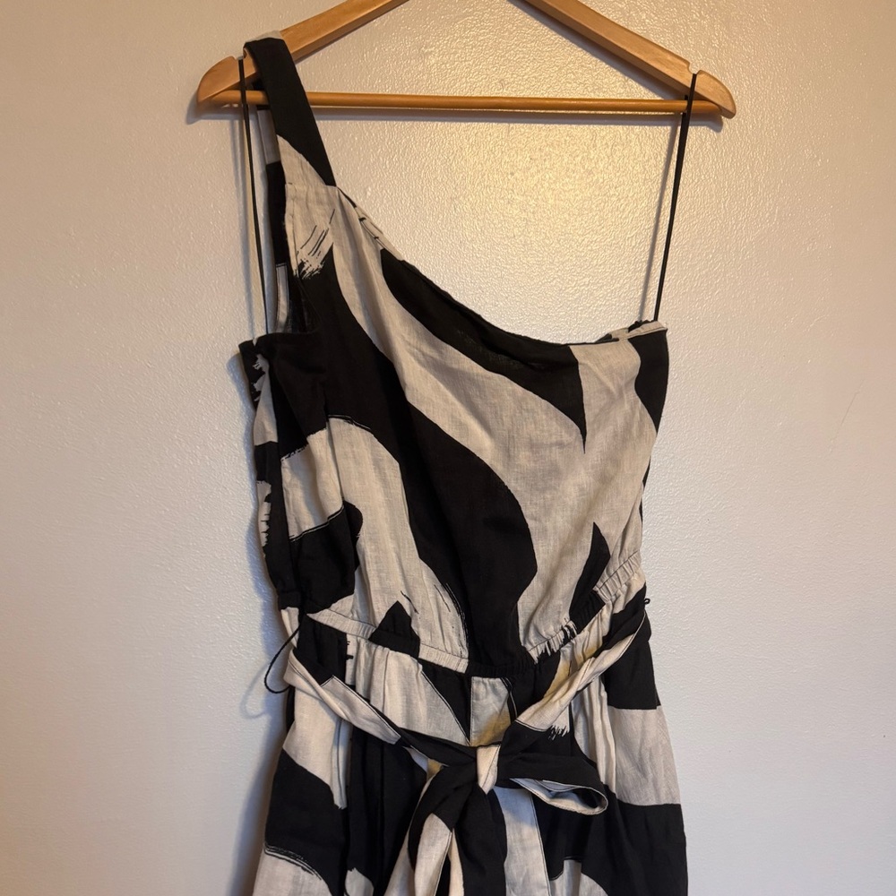 Anthropologie Black & White One-Shoulder Tie-Waist Dress